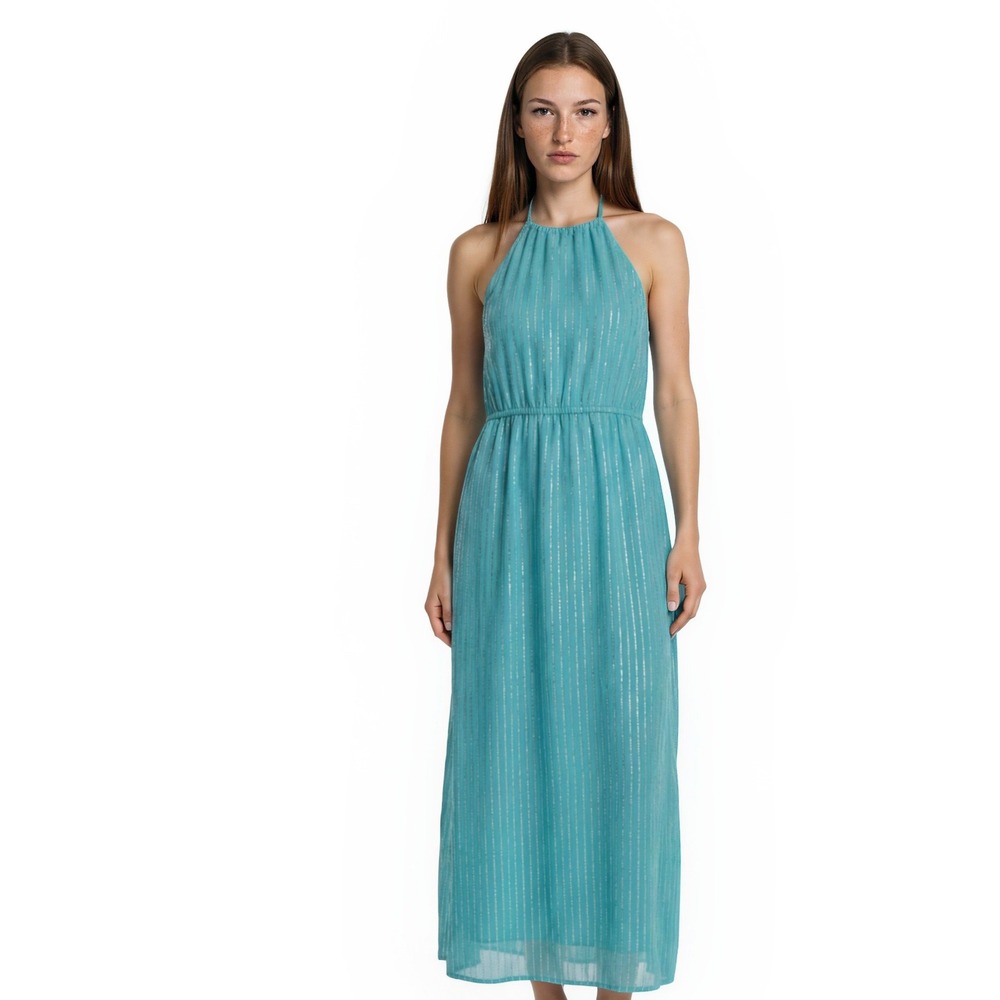 NEW Alice & Trixie 100% Silk Maxi Dress Women Size Small Aqua Gold Thread Halter